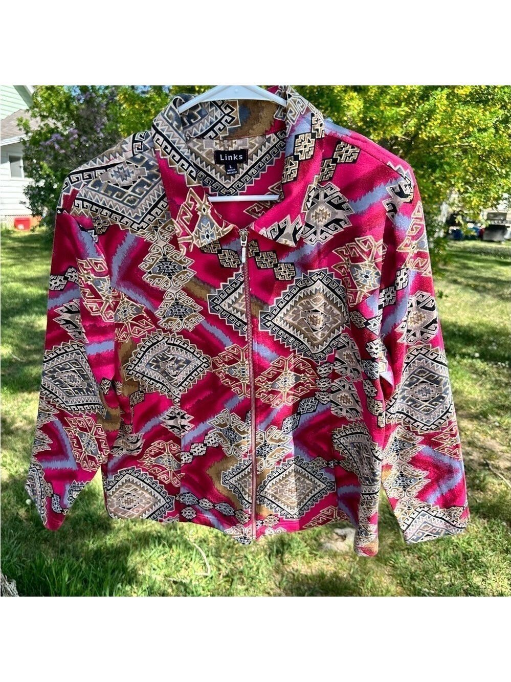 Vibrant Southwestern Aztec Jacket Blazer Womens Large Multicolor Pockets Zipper